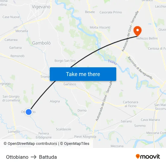 Ottobiano to Battuda map