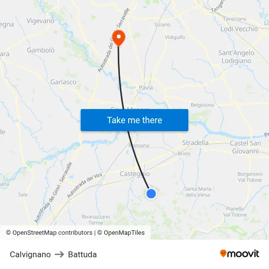 Calvignano to Battuda map
