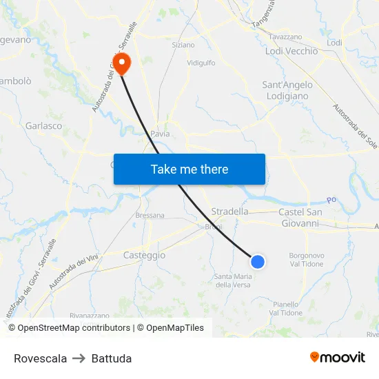 Rovescala to Battuda map