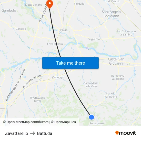 Zavattarello to Battuda map