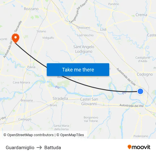 Guardamiglio to Battuda map