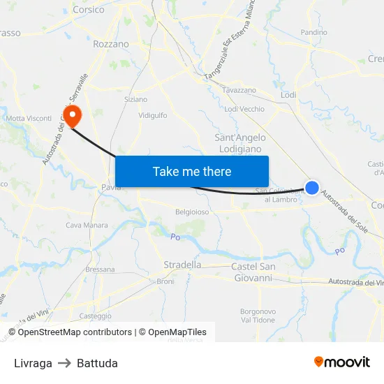 Livraga to Battuda map