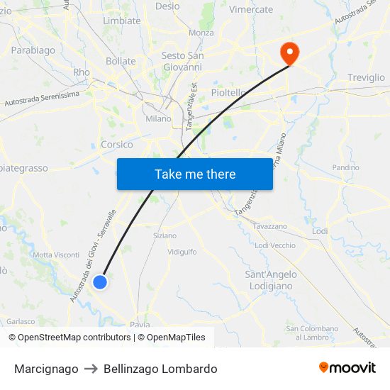 Marcignago to Bellinzago Lombardo map