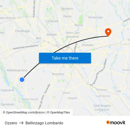 Ozzero to Bellinzago Lombardo map