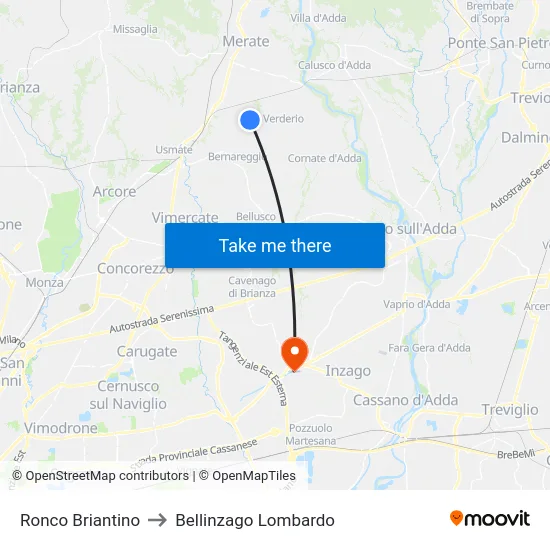 Ronco Briantino to Bellinzago Lombardo map