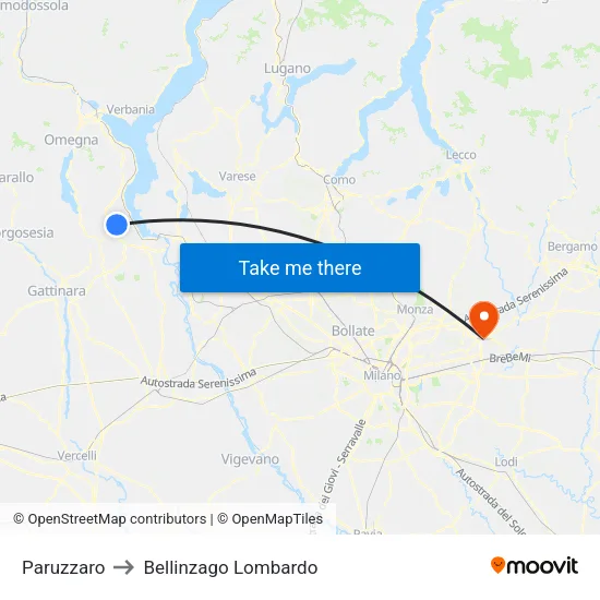Paruzzaro to Bellinzago Lombardo map