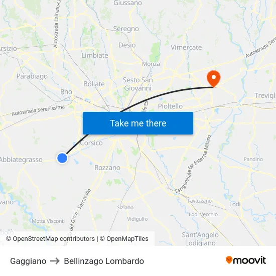 Gaggiano to Bellinzago Lombardo map