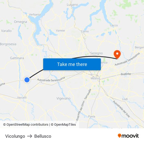 Vicolungo to Bellusco map