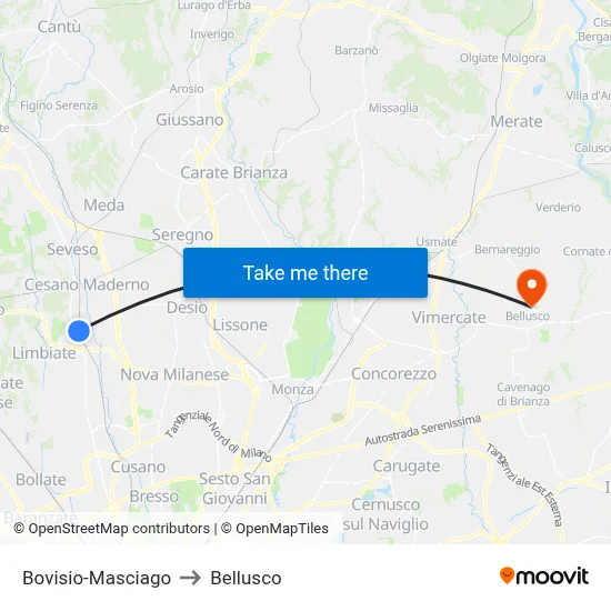Bovisio-Masciago to Bellusco map