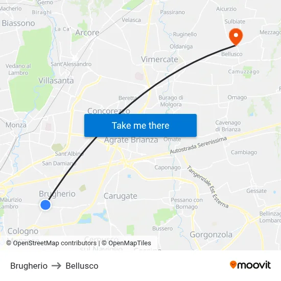 Brugherio to Bellusco map