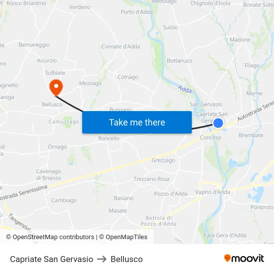 Capriate San Gervasio to Bellusco map