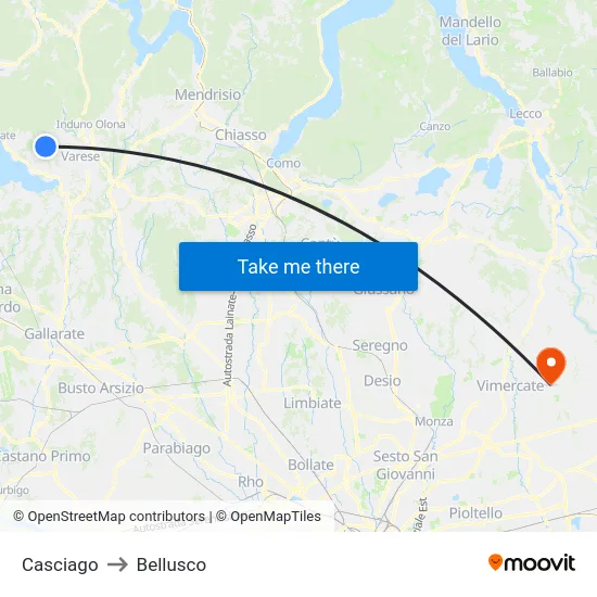 Casciago to Bellusco map