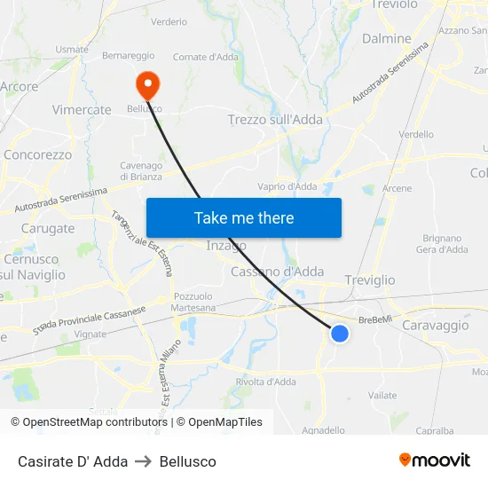 Casirate d'Adda to Bellusco map