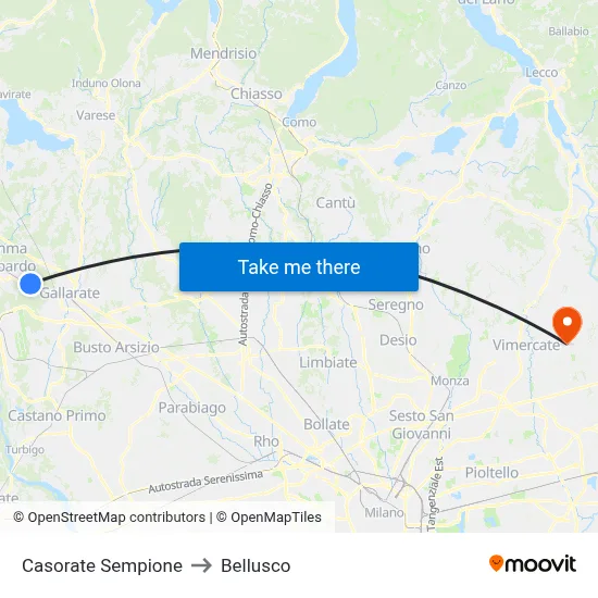 Casorate Sempione to Bellusco map