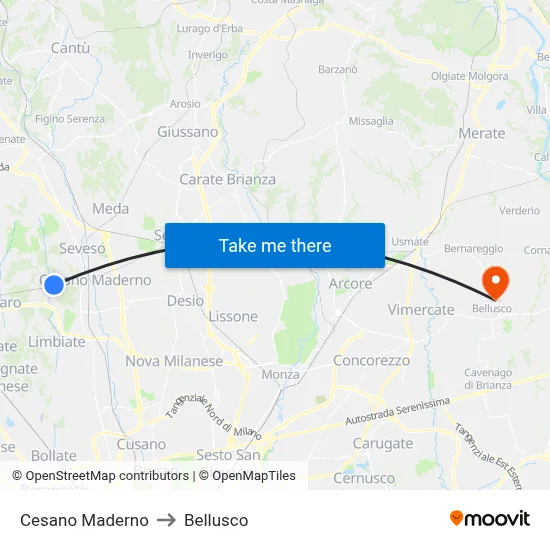 Cesano Maderno to Bellusco map