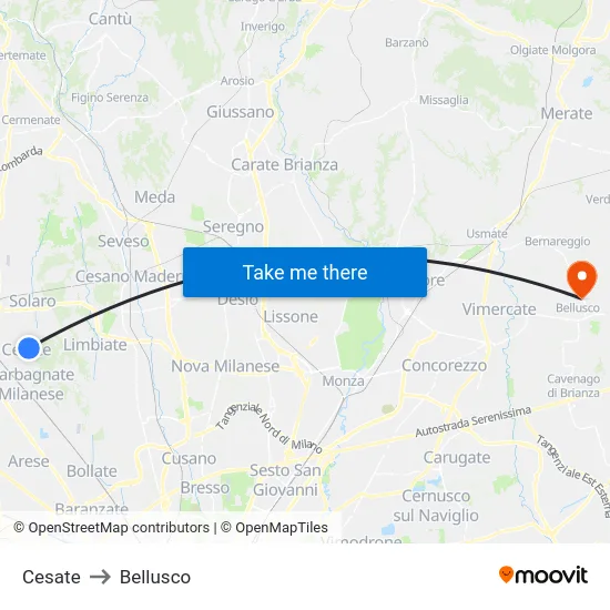 Cesate to Bellusco map