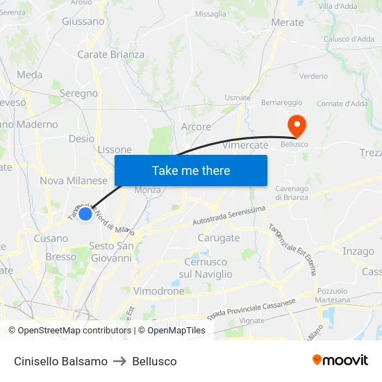 Cinisello Balsamo to Bellusco map