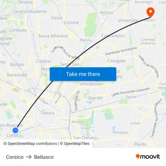 Corsico to Bellusco map