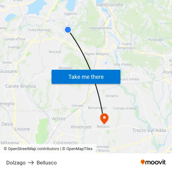 Dolzago to Bellusco map