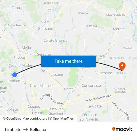 Limbiate to Bellusco map