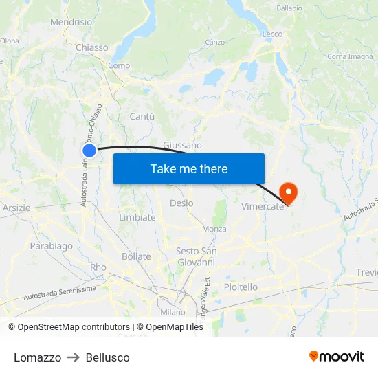 Lomazzo to Bellusco map