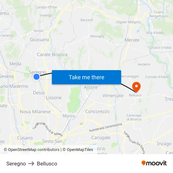 Seregno to Bellusco map