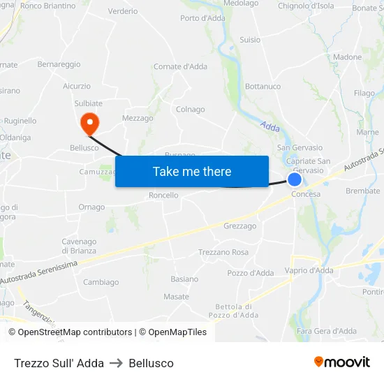 Trezzo Sull' Adda to Bellusco map