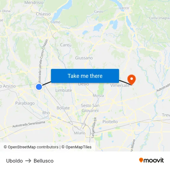 Uboldo to Bellusco map