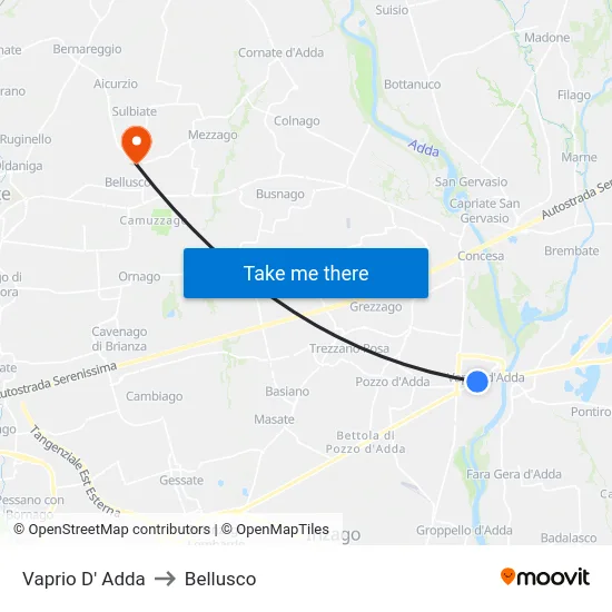 Vaprio d'Adda to Bellusco map