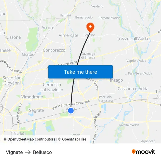 Vignate to Bellusco map