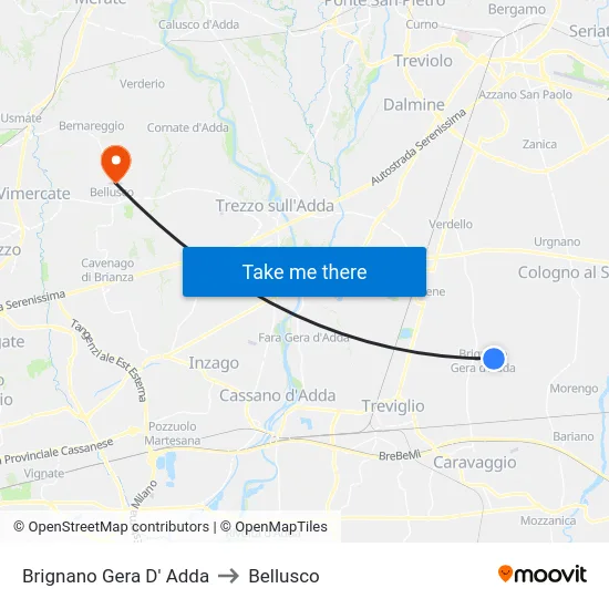 Brignano Gera d'Adda to Bellusco map