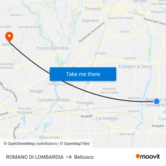 Romano di Lombardia to Bellusco map