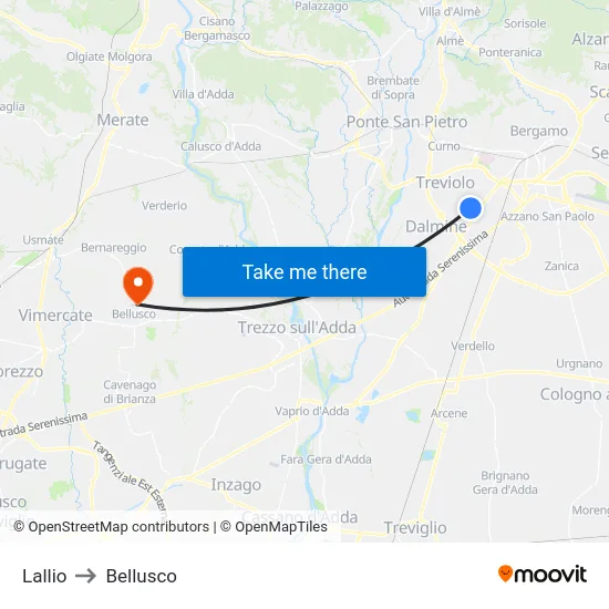 Lallio to Bellusco map