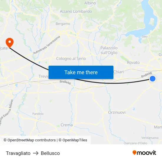 Travagliato to Bellusco map