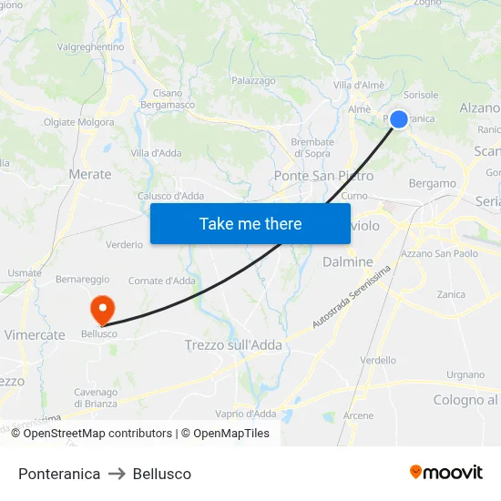Ponteranica to Bellusco map