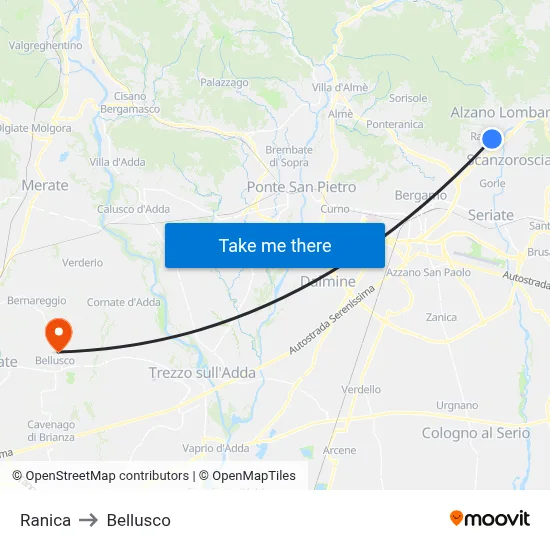 Ranica to Bellusco map