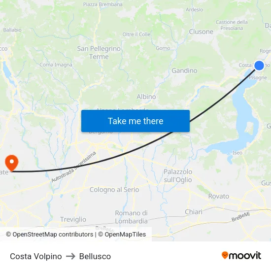 Costa Volpino to Bellusco map