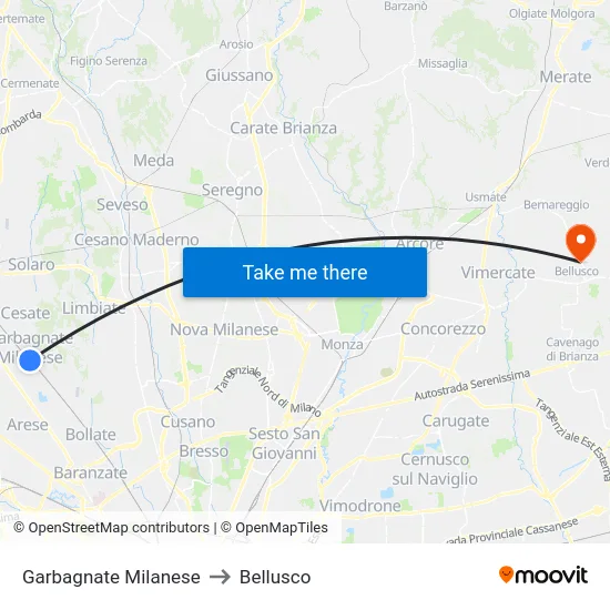 Garbagnate Milanese to Bellusco map