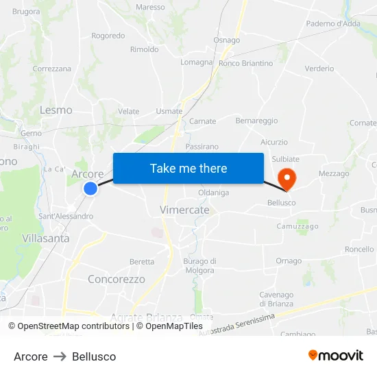 Arcore to Bellusco map