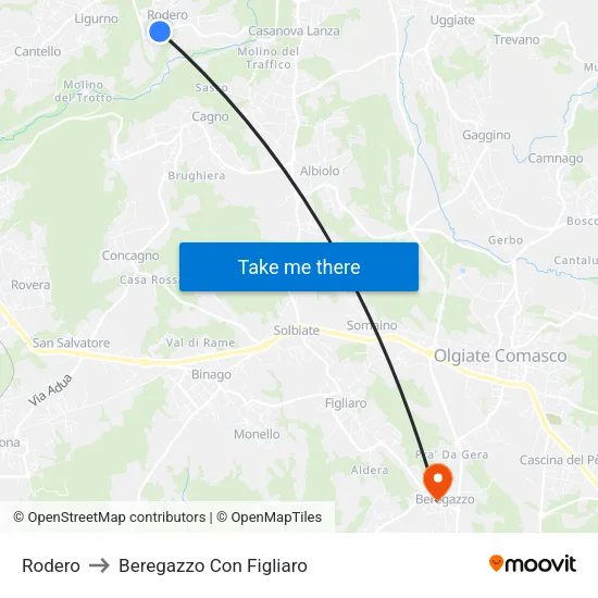 Rodero to Beregazzo Con Figliaro map