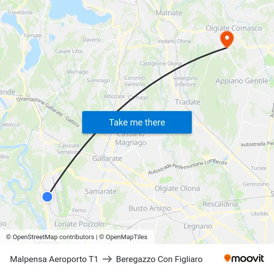 Malpensa Aeroporto T1 to Beregazzo Con Figliaro map