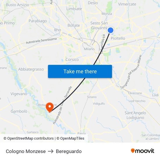 Cologno Monzese to Bereguardo map