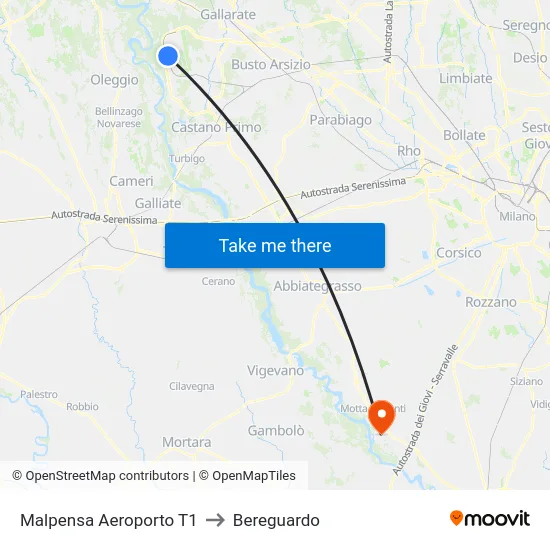 Malpensa Aeroporto T1 to Bereguardo map