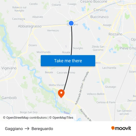 Gaggiano to Bereguardo map