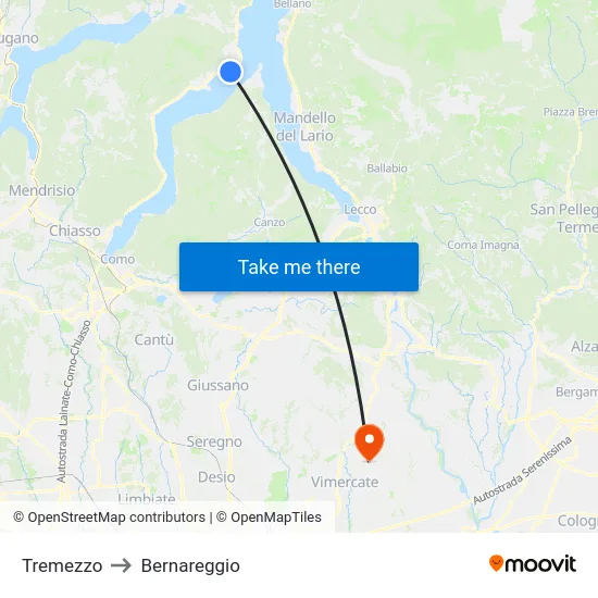 Tremezzo to Bernareggio map
