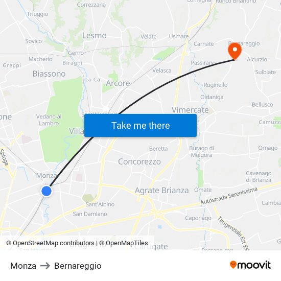 Monza to Bernareggio map