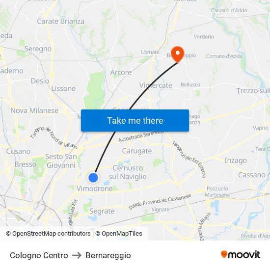 Cologno Centro to Bernareggio map