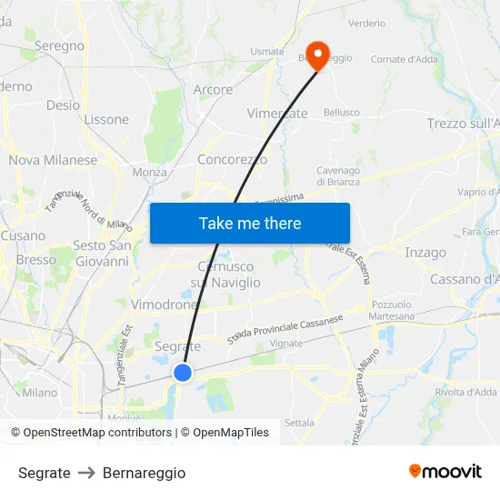 Segrate to Bernareggio map