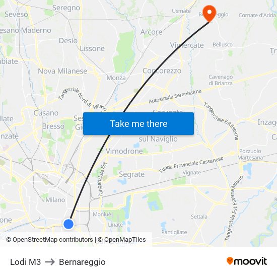 Lodi M3 to Bernareggio map