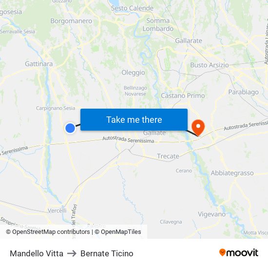 Mandello Vitta to Bernate Ticino map